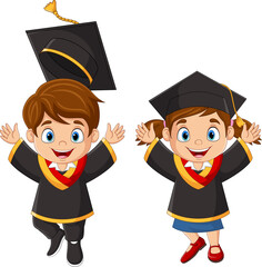 Cartoon happy children in graduation costumes