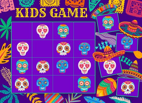 Sudoku kids game with Mexican sugar calavera skull, vector riddle worksheet. Sudoku puzzle or board game worksheet with Mexican skull in sombrero and papel picado, fiesta decoration flags