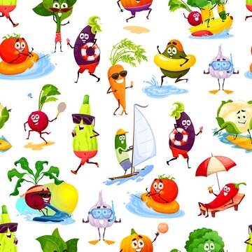 Cartoon vegetable personages on summer beach vacation on seamless pattern. Wrapping paper decor, vector fabric print with carrot, cucumber and tomato, radish, garlic and zucchini funny characters