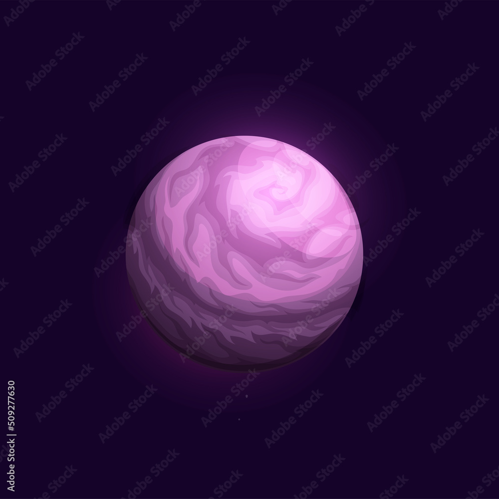 Poster purple space planet with nebula. fantastic kids space game or app ui planet moon or satellite vector