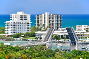 Aerial view of open drawbridge Jupiter Inlet from the lighthouse in Jupiter, Florida in Palm Beach County © Ryan Tishken