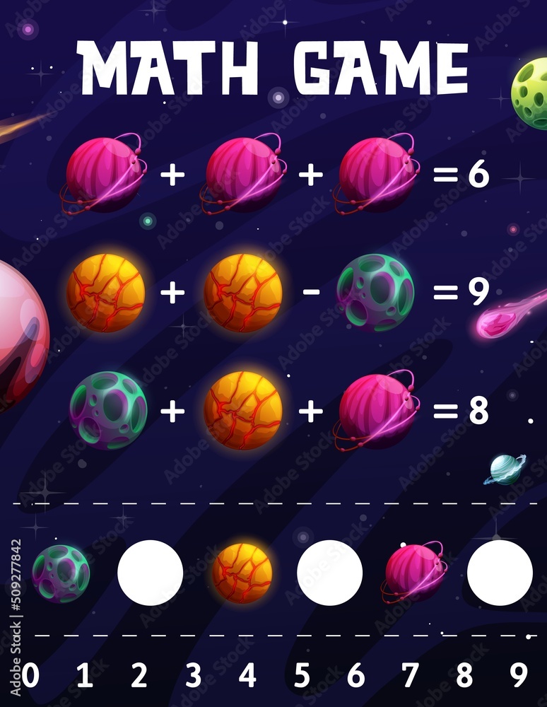 Poster cartoon space planets math game worksheet. learn to count teaser, puzzle for addition and subtractio