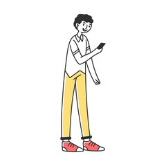 Young student using digital devices. Mobile phone users enjoying 5G high speed wireless internet connection. Vector illustration for interaction