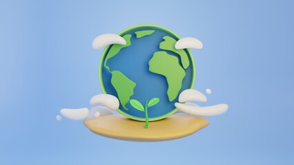 Earth Globe and Clouds.Eco product display banner template background.Minimal scene for mockup design. 3D rendering illustration.