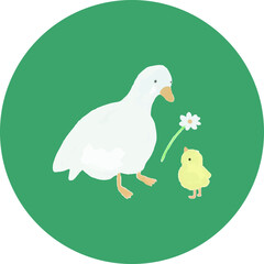 あひるにお花をプレゼントするひよこのイラスト【イラストセット】