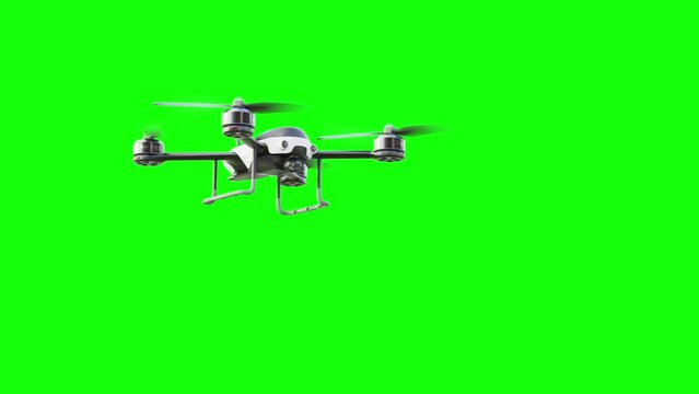 Drone white color flying move towards  camera then move out to the side On Green Screen. 3D Render.