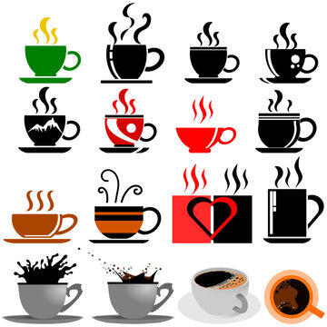 Various pictures of a cup of coffee. Coffee shop badge logo design. Perfect for modern coffee shop joints. Vector Illustration