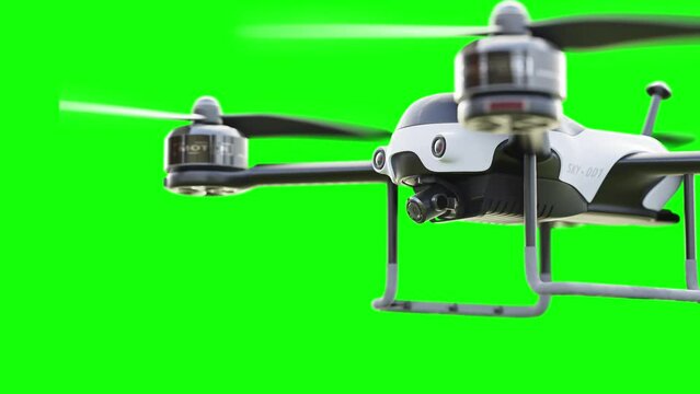 Drone white color flying close-up. Animation Loop On Green Screen. 3D Render.