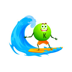 Cartoon potassium, kalium micronutrient on surf board. Funny vector K element sportsman character ride sea or ocean wave. Vitamin personage watersport recreation, summer holidays activity, vacation