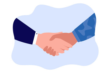 Hands of politician and soldier making deal. Agreement between military and government flat vector illustration. Diplomacy, peace, cooperation concept for banner, website design or landing web page