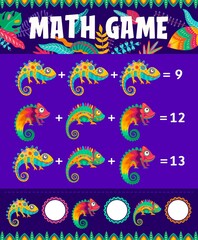 Plakat Mexican cartoon chameleons, math game worksheet, vector education maze. Math game puzzle on addition and extraction mathematics, kid school calculation skills worksheet puzzle with mexican chameleons