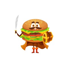 Cartoon cheeseburger pirate with chest. Vector burger fast food corsair character wear cape, holding saber and treasure in hands. Funny filibuster fastfood personage, takeaway cafe kids menu junk meal
