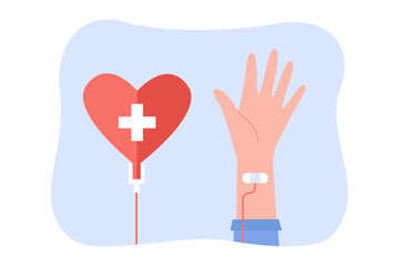 Volunteer donating blood flat vector illustration. Person donating lifeblood in laboratory. Blood transfusion or donation concept for banner, website design or landing web page