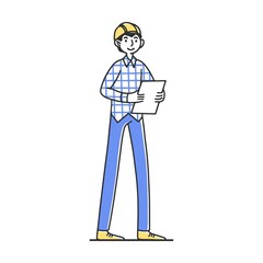 Architect with construction plan in hands. on construction site. Painter, engineer, foreman in helmets holding tools. Vector illustration for teamwork