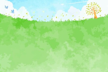 綺麗な青空と草原と樹木の風景イラスト
