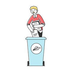 Man sorting trash and rubbish flat vector illustration. Responsible men and women standing near dustbin and putting garbage