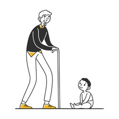 Grandfather and his little grandson. Man in different ages. Male character in ages of infant, child, teenager, adult, old person with cane. Vector illustration