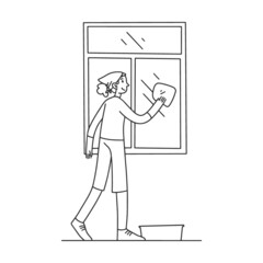 Linear hand drawing. Happy mother cleaning apartment flat vector illustration. Daughter, mother and father working for household and clean home