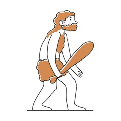 Obraz premium Ancient man with wooden club flat vector illustration. Humankind progress from caveman as ancestor. Human evolution theory Anthropology concept