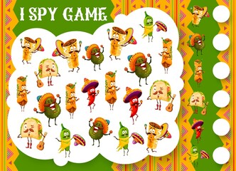 I spy game, mexican food and musician characters. Vector educational puzzle for kids with tex mex tacos, avocado, chili or jalapeno pepper and burrito, enchilada personages . Cartoon riddle worksheet
