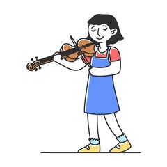 Girl plays the violin. Cute children at school music festival flat vector illustration. Cartoon young musicians playing musical instruments and singer singing on party