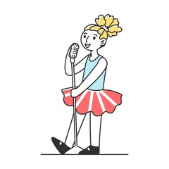 Girl sings song in karaoke with microphone at school music festival flat vector illustration. Cartoon young musicians playing musical instruments