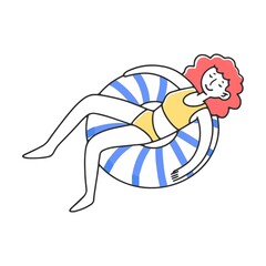 Young girl floats on an inflatable ring flat vector illustration. Happy cartoon characters in swimwear playing, surfing, diving. Summer, vacation and activity concept