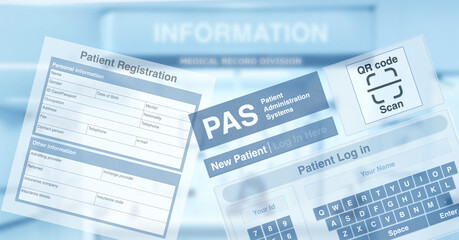 Patient administration screen and blank medical record form showing on blue tone of hospital information counter.