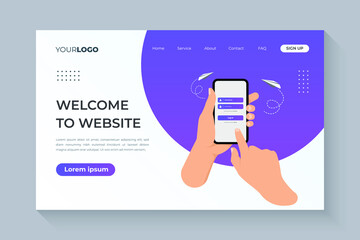 Sign in page on smartphone screen for landing page. website banner design.