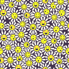Old school psychedelic background with smile faces in chamomile flowers. Hippie vector seamless pattern. Nostalgia retro 70s groovy print. Colorful textile and surface design