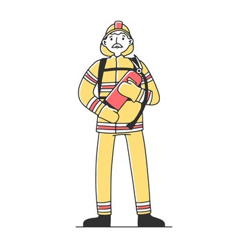 Professional firefighter with fire extinguisher in hands characters flat vector illustration. Different occupations people standing in line