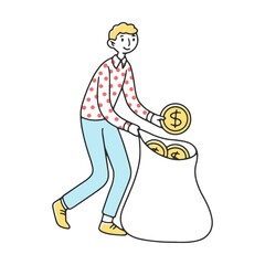 Guy takes out coins from bag flat vector illustration. Cartoon character investing finance for revenue and growth. Financial wealth and prosperity