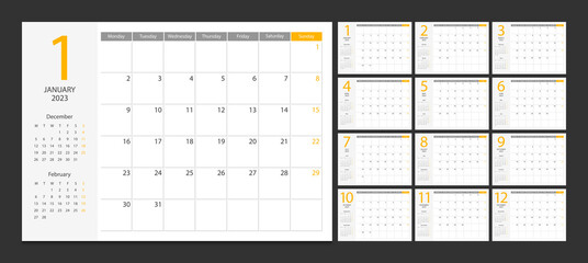 Calendar 2023 week start Monday corporate design planner template.