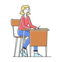 Happy girl at college classroom studying lesson flat vector illustration. Young people in class listening lecture and teacher explaining theme