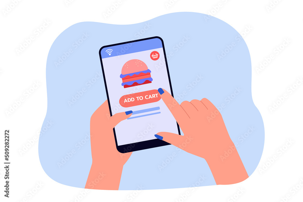 Poster phone with food ordering app on screen flat vector illustration. person ordering fast food online, u