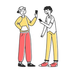 Fototapeta premium People using digital devices. Mobile phone users enjoying 5G high speed wireless internet connection. Vector illustration for interaction
