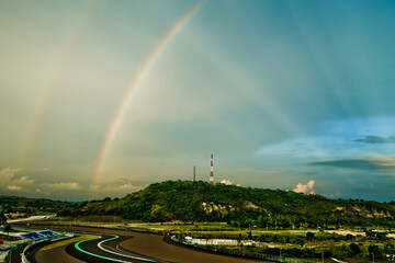 Rainbow at the Mandalika Circuit, Lombok, West Nusa Tenggara, Indonesia.
Mandalika circuit is the newest and most beautiful GP racing circuit in the world
