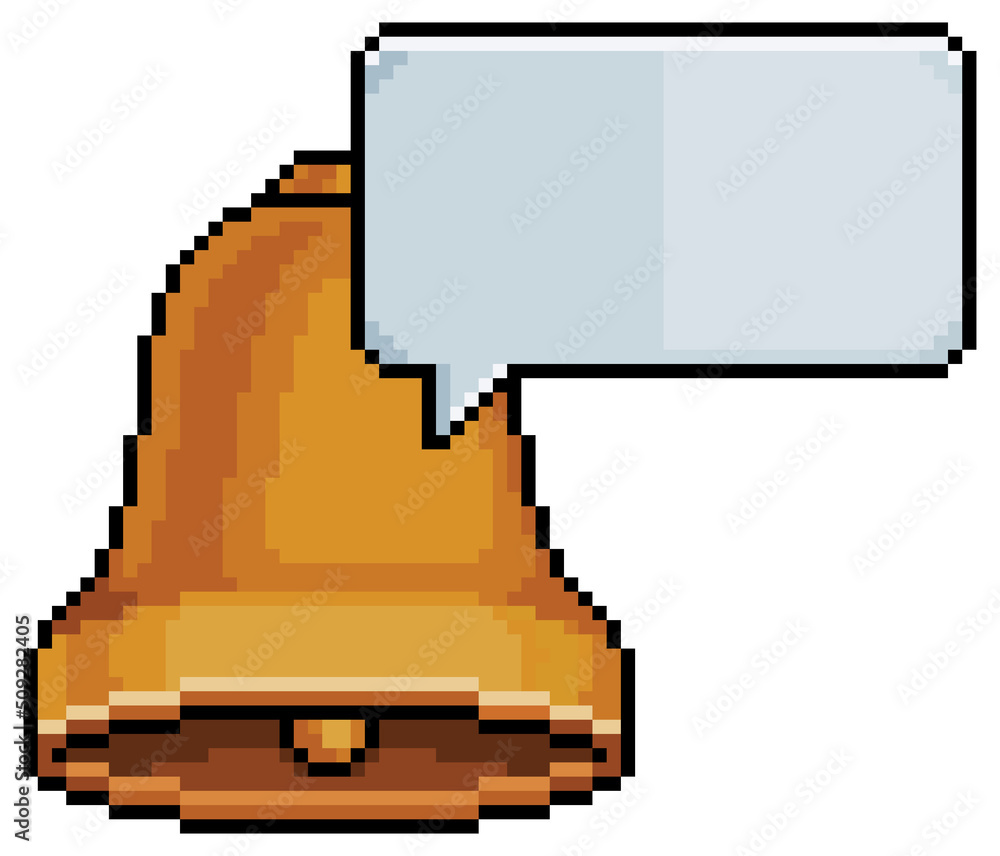 Poster pixel art bell with notification balloon vector icon for 8bit game on white background