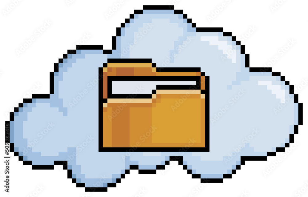 Poster pixel art clouds with document folder. cloud data vector icon for 8bit game on white background