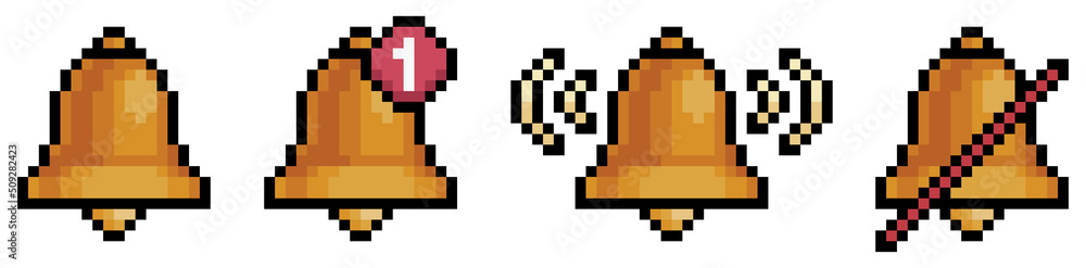 Poster pixel art bell icons. notification icons for mobile interface vector icon for 8bit game on white bac