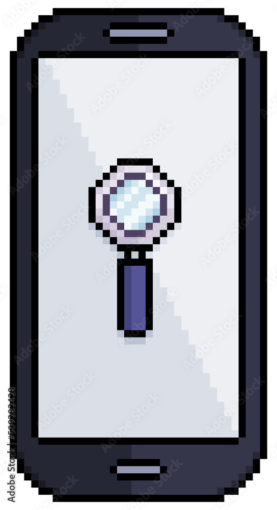 Poster pixel art cellphone mobile phone with magnifying glass icon vector icon for 8bit game on white backg