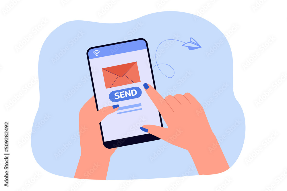 Poster hand holding smartphone with envelope and send button on screen. person sending letter via mobile ap