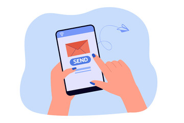 Hand holding smartphone with envelope and send button on screen. Person sending letter via mobile app flat vector illustration. Technology, internet, communication concept for banner or landing page
