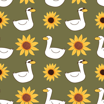 Seamless Pattern with Duck and Sunflower Design on Green Background