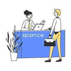 Manager providing services to customer vector illustration. Office reception worker giving advice to client. Bank worker consulting man. Banking
