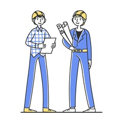 Builders working on construction site. Painter, engineer, foreman in helmets holding tools. Vector illustration for teamwork