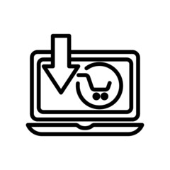 Laptop icon vector with shopping cart and download. suitable for online shop icon, online store, buy online. line icon style. Simple design illustration editable