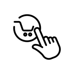 Shopping cart icon vector with hand touch. suitable for online shop icon, online store, buy online. line icon style. Simple design illustration editable