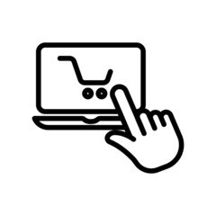 Laptop icon vector with shopping cart and hand touch. suitable for online shop icon, online store, buy online. line icon style. Simple design illustration editable