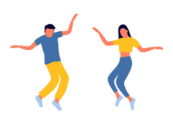Fototapeta na wymiar Man and woman dancing together in flat design ton white background.